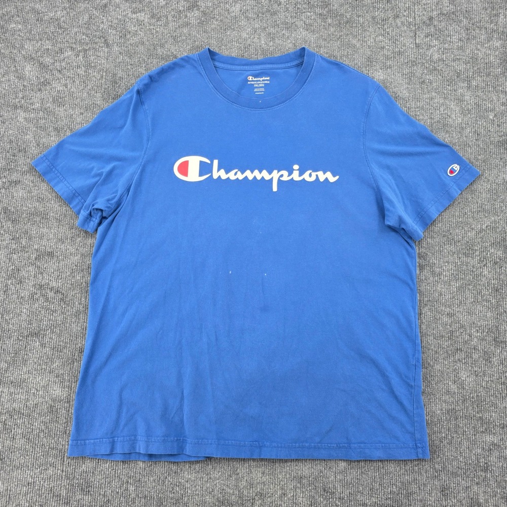 Champion Mens 2XL Blue Short Sleeve Script Logo Cotton Graphic T-Shirt